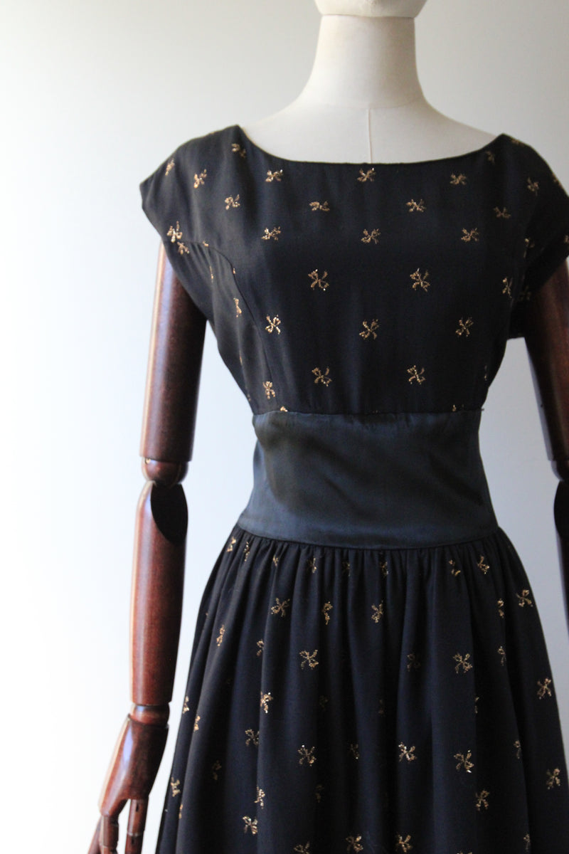 "Golden Bows" Vintage 1950's Gold Lurex Bow Embroidered Dress UK 12 US 8