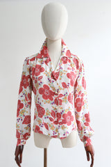 "Coral Florals" Vintage 1940's Floral Rayon Blouse UK 12-14 US 8-10