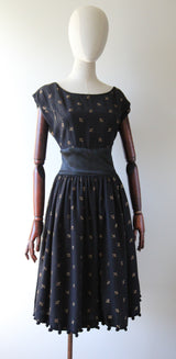 "Golden Bows" Vintage 1950's Gold Lurex Bow Embroidered Dress UK 12 US 8