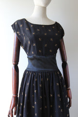 "Golden Bows" Vintage 1950's Gold Lurex Bow Embroidered Dress UK 12 US 8