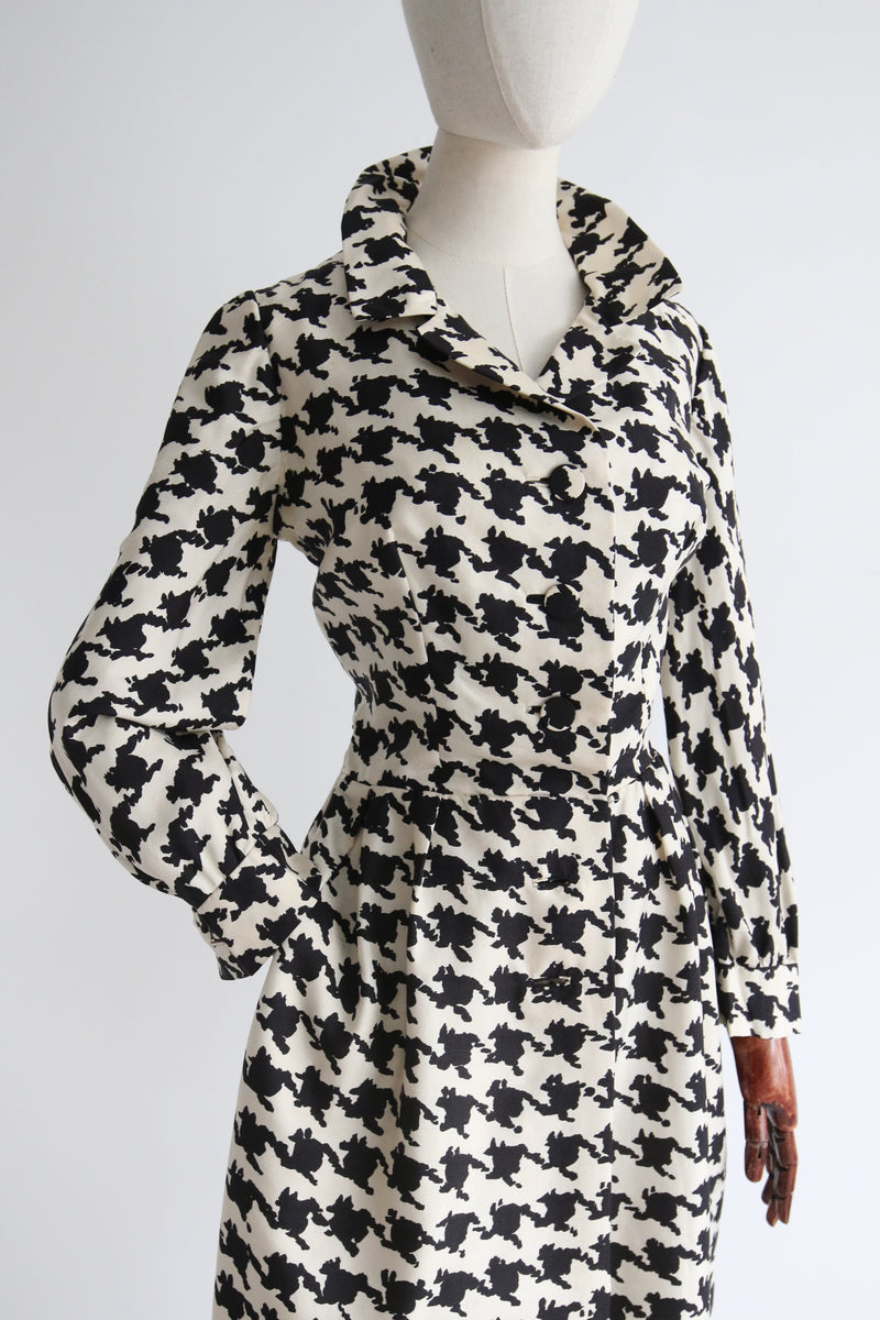 “Silk Houndstooth" Vintage 1950's Silk Houndstooth Shirt-Waister Dress UK 10 US 6