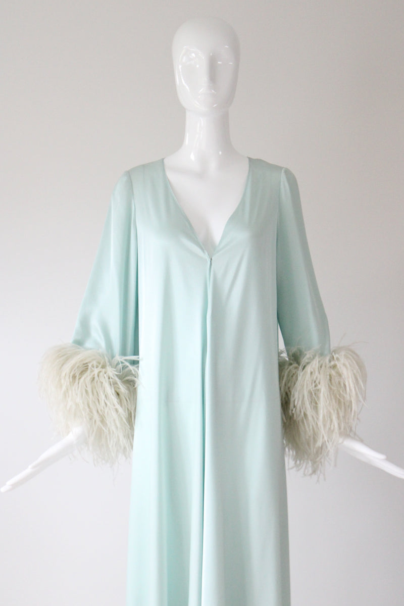 "Ice Blue Plumage" Vintage 1960's Silk & Feather Robe UK 8-12 US 4-8