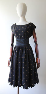 "Golden Bows" Vintage 1950's Gold Lurex Bow Embroidered Dress UK 12 US 8