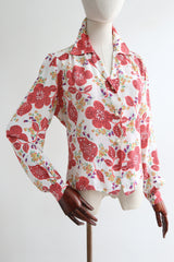 "Coral Florals" Vintage 1940's Floral Rayon Blouse UK 12-14 US 8-10