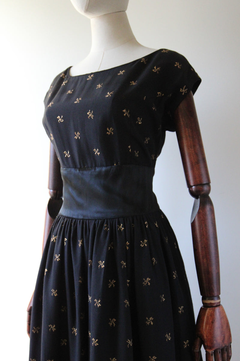 "Golden Bows" Vintage 1950's Gold Lurex Bow Embroidered Dress UK 12 US 8