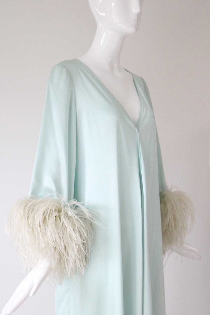 "Ice Blue Plumage" Vintage 1960's Silk & Feather Robe UK 8-12 US 4-8