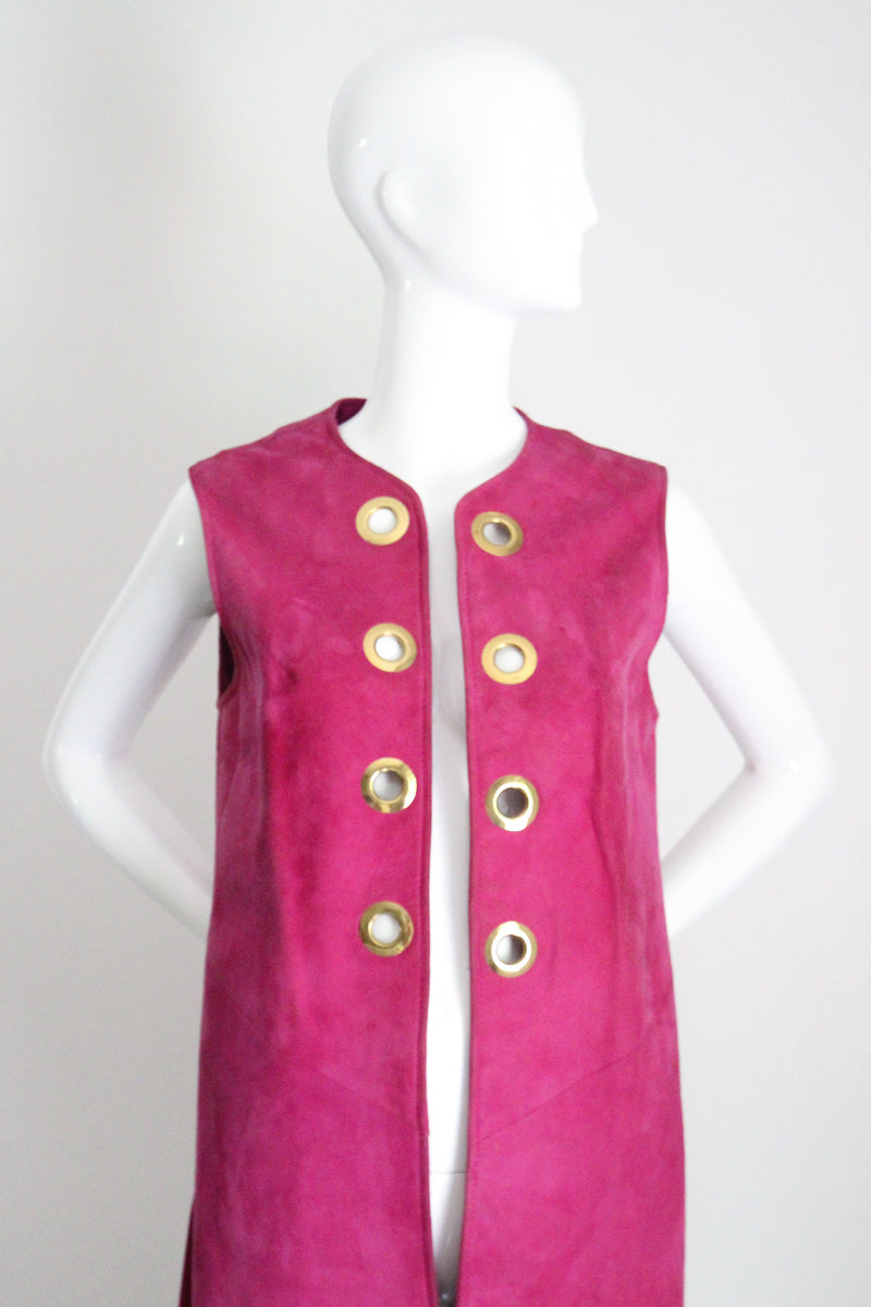 "Magenta Suede" Vintage 1960's Magenta Suede Longline Eyelet Waistcoat UK 10-12 US 6-8