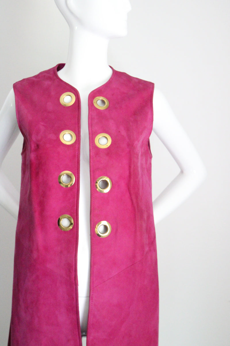 "Magenta Suede" Vintage 1960's Magenta Suede Longline Eyelet Waistcoat UK 10-12 US 6-8