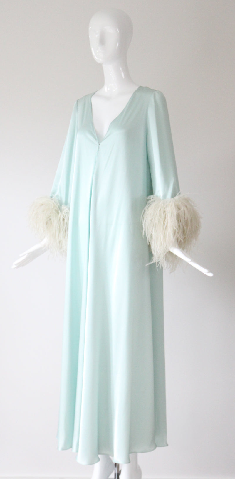 "Ice Blue Plumage" Vintage 1960's Silk & Feather Robe UK 8-12 US 4-8