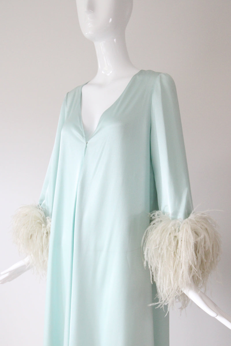 "Ice Blue Plumage" Vintage 1960's Silk & Feather Robe UK 8-12 US 4-8