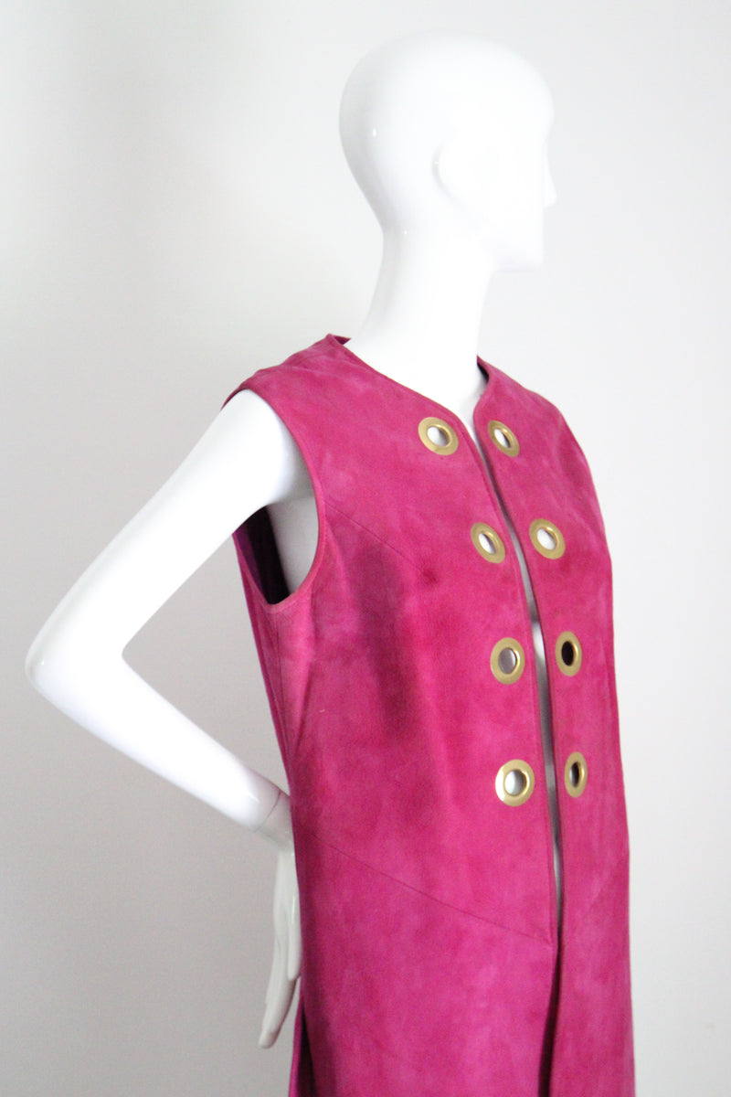 "Magenta Suede" Vintage 1960's Magenta Suede Longline Eyelet Waistcoat UK 10-12 US 6-8