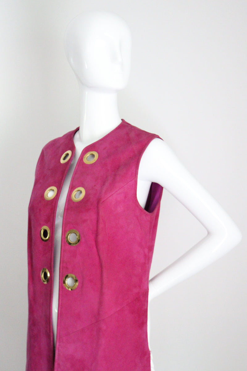 "Magenta Suede" Vintage 1960's Magenta Suede Longline Eyelet Waistcoat UK 10-12 US 6-8