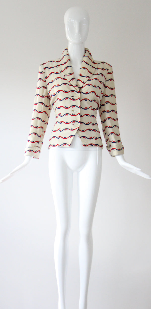 "Linen Embroidery" Vintage 1940's Cream Linen Embroidered Jacket UK 8 US 4