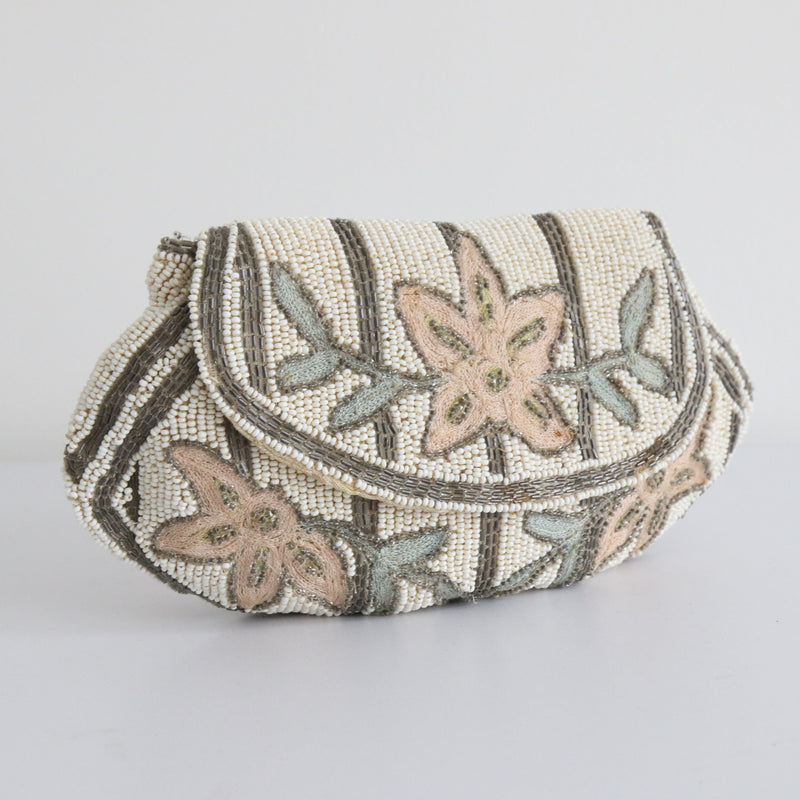 "Crewel Florals & Striped Beadwork" Vintage 1920's Beaded & Embroidered Clutch Bag