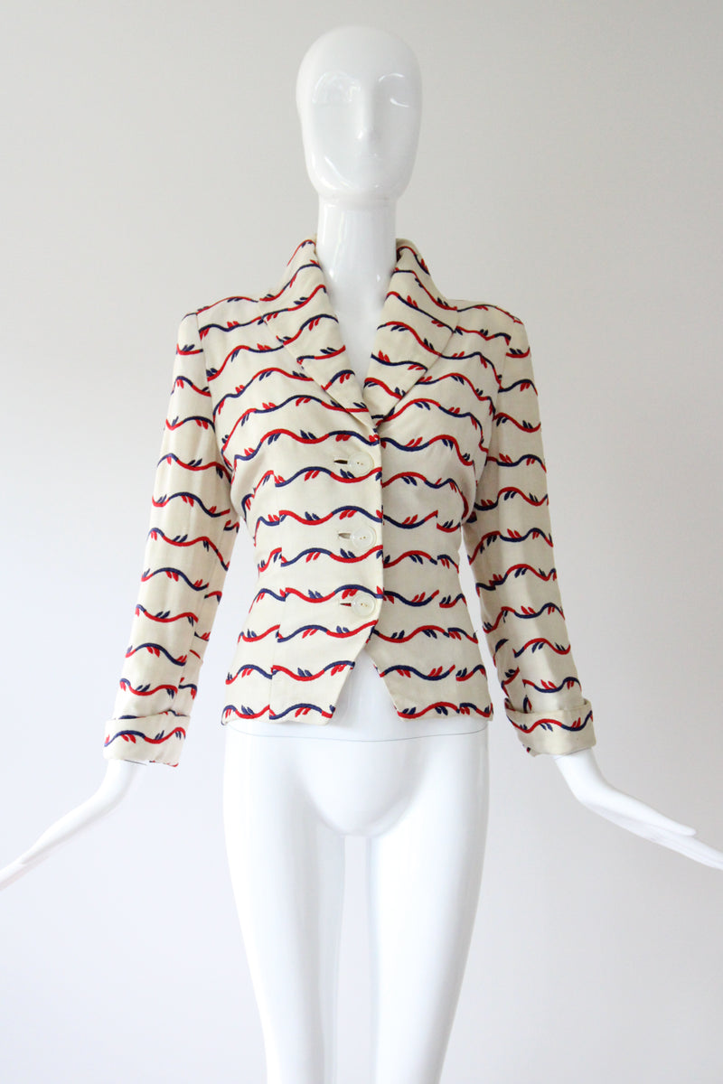 "Linen Embroidery" Vintage 1940's Cream Linen Embroidered Jacket UK 8 US 4