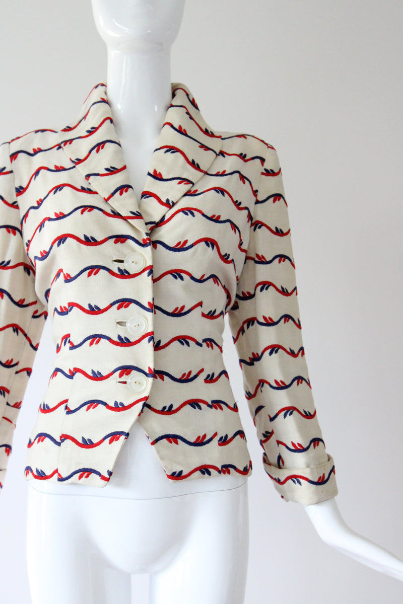 "Linen Embroidery" Vintage 1940's Cream Linen Embroidered Jacket UK 8 US 4