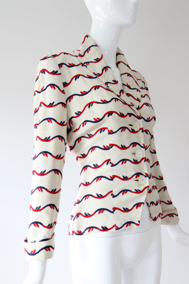 "Linen Embroidery" Vintage 1940's Cream Linen Embroidered Jacket UK 8 US 4