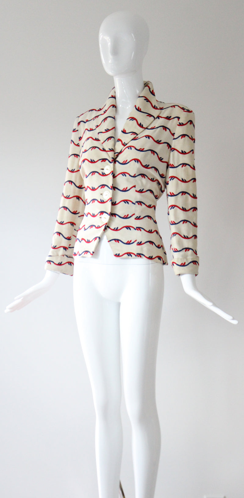 "Linen Embroidery" Vintage 1940's Cream Linen Embroidered Jacket UK 8 US 4