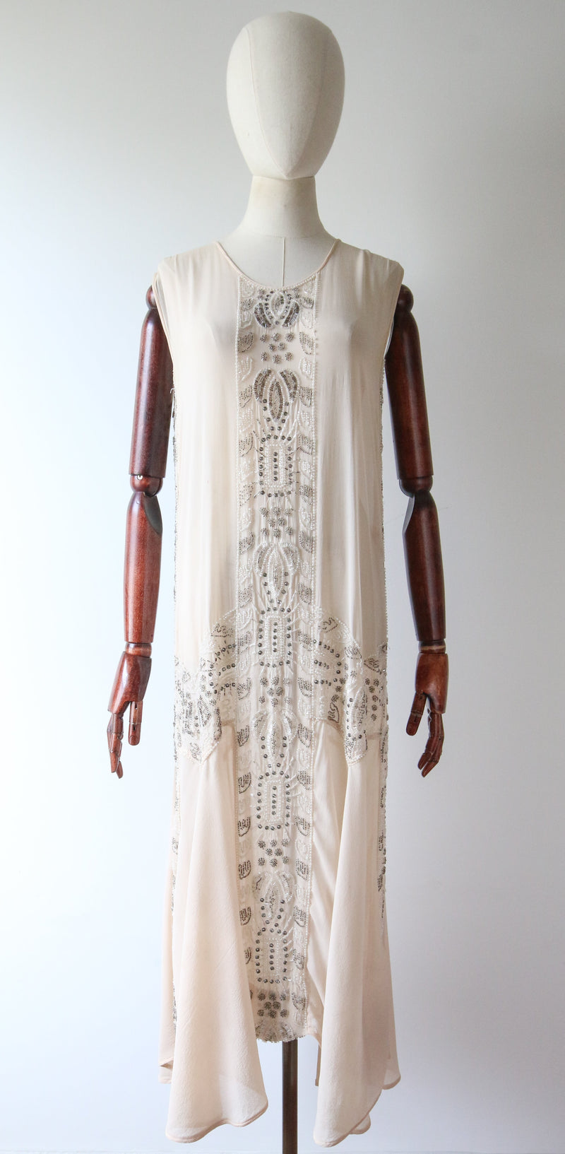 "Blush & Silver Beadwork" Vintage 1920's Blush Silk Chiffon Beaded Dress UK 8-10 US 4-6