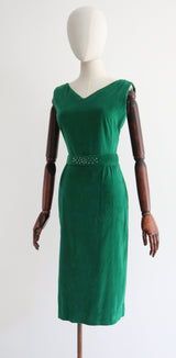 "Pine Green Velvet" Vintage 1950's Pine Green Velvet & Rhinestone Detail Dress UK 8 US 4