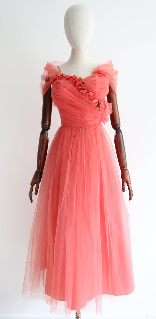 "Coral Corsage & Tulle" Vintage 1950's Coral Tulle & Floral Corsage Dress UK 4 US 0