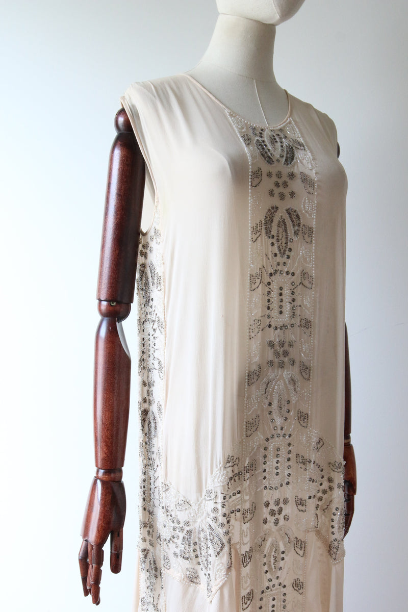 "Blush & Silver Beadwork" Vintage 1920's Blush Silk Chiffon Beaded Dress UK 8-10 US 4-6