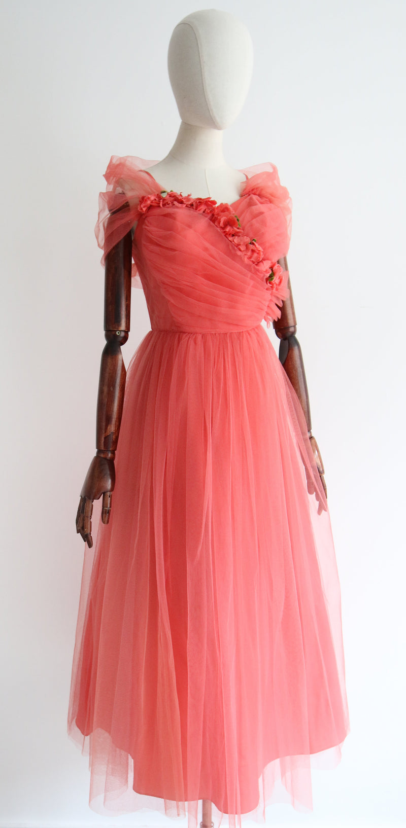 "Coral Corsage & Tulle" Vintage 1950's Coral Tulle & Floral Corsage Dress UK 4 US 0