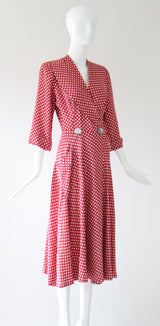 "Apostrophe Red" Vintage 1940's Red & White Apostrophe Print Robe UK 8-10 US 4-6
