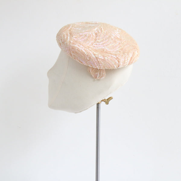 "Iridescent Pink Sequins" Vintage 1950's Sequin Percher Hat