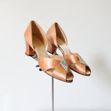 "Peach Satin & Silver Leather" Vintage 1930's Boudoir Slippers UK 4 US 6 EU 37