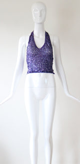"Dusk Purple Sequins" Vintage 1930's French Sequin & Tulle Halter Neck Blouse UK 10-12 US 6-8