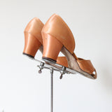 "Peach Satin & Silver Leather" Vintage 1930's Boudoir Slippers UK 4 US 6 EU 37