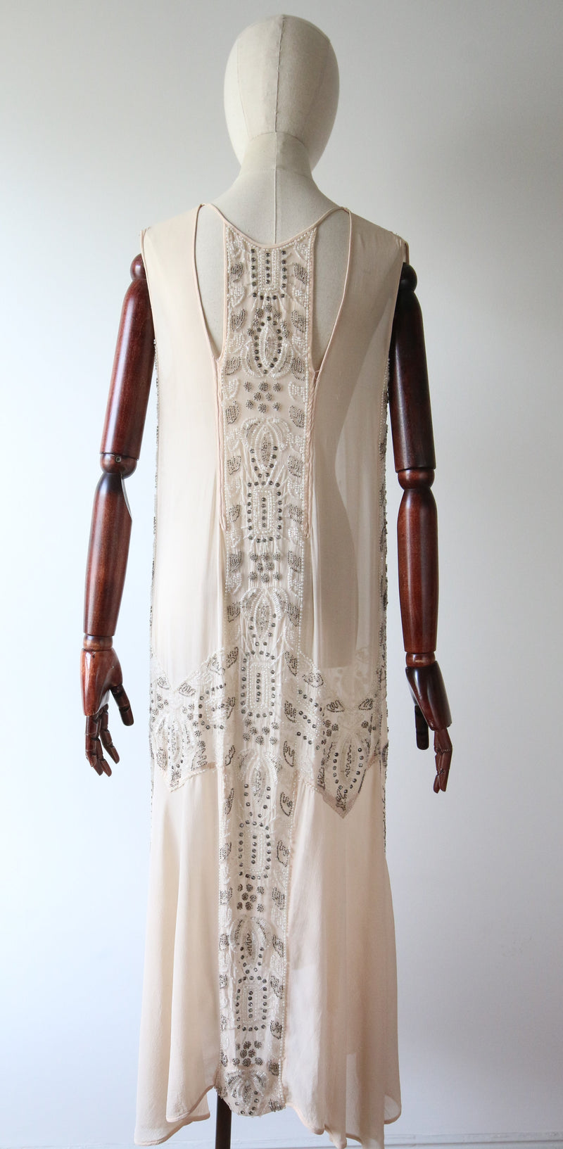 "Blush & Silver Beadwork" Vintage 1920's Blush Silk Chiffon Beaded Dress UK 8-10 US 4-6