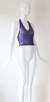 "Dusk Purple Sequins" Vintage 1930's French Sequin & Tulle Halter Neck Blouse UK 10-12 US 6-8