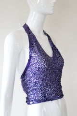 "Dusk Purple Sequins" Vintage 1930's French Sequin & Tulle Halter Neck Blouse UK 10-12 US 6-8