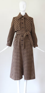 "Tan Plaid" Vintage Early 1970's Tan Plaid Wool Trench Coat UK 8-10 US 4-6