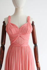 "Rose Peach" Vintage Late 1940's Rose Peach Silk Chiffon Pleated Dress UK 6 US 2