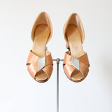 "Peach Satin & Silver Leather" Vintage 1930's Boudoir Slippers UK 4 US 6 EU 37