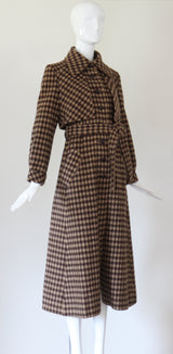 "Tan Plaid" Vintage Early 1970's Tan Plaid Wool Trench Coat UK 8-10 US 4-6