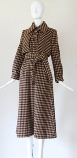 "Tan Plaid" Vintage Early 1970's Tan Plaid Wool Trench Coat UK 8-10 US 4-6