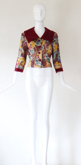 "Jewel Tone Lamé & Velvet" Vintage 1950's Jewel Tone Floral Lamé & Burgundy Velvet Jacket UK 12 US 8