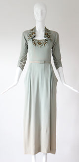 "Eau De Nil & Gold Beadwork" Vintage 1940's Eau De Nil Crepe Silk And Beadwork Evening Gown UK 8-10 US 4-6