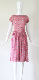 "Scattered Florals" Vintage 1940's Pink & Navy Scattered Floral Silk Dress UK 8 US 4