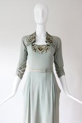 "Eau De Nil & Gold Beadwork" Vintage 1940's Eau De Nil Crepe Silk And Beadwork Evening Gown UK 8-10 US 4-6