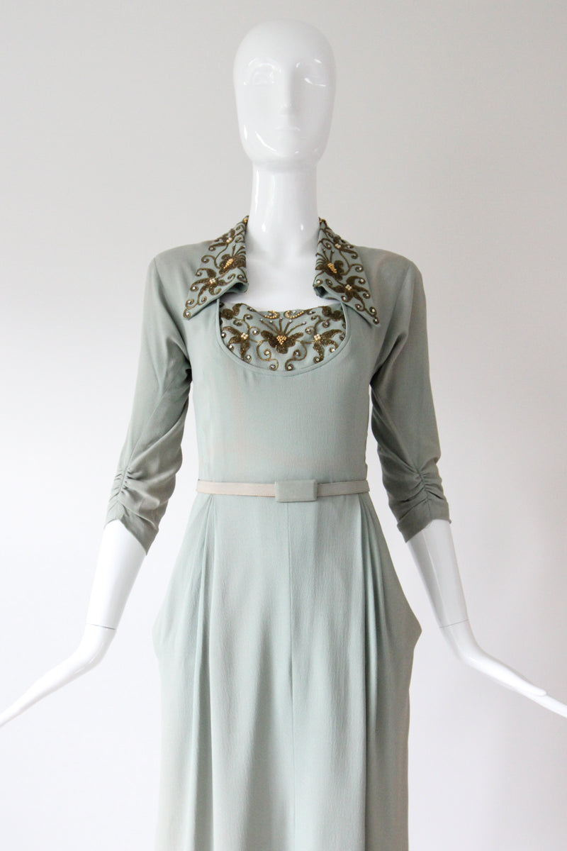 "Eau De Nil & Gold Beadwork" Vintage 1940's Eau De Nil Crepe Silk And Beadwork Evening Gown UK 8-10 US 4-6