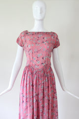 "Scattered Florals" Vintage 1940's Pink & Navy Scattered Floral Silk Dress UK 8 US 4