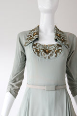 "Eau De Nil & Gold Beadwork" Vintage 1940's Eau De Nil Crepe Silk And Beadwork Evening Gown UK 8-10 US 4-6