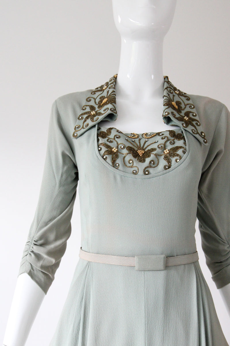 "Eau De Nil & Gold Beadwork" Vintage 1940's Eau De Nil Crepe Silk And Beadwork Evening Gown UK 8-10 US 4-6
