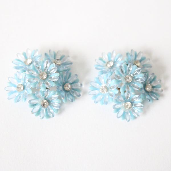 "Blue Rhinestone Daisies" Vintage 1950's Blue & Clear Rhinestone Daisy Clip on Earrings