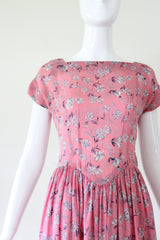 "Scattered Florals" Vintage 1940's Pink & Navy Scattered Floral Silk Dress UK 8 US 4